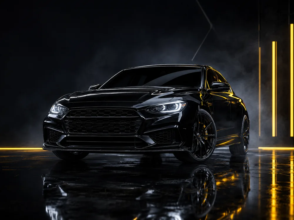 Glossy black detailed car in a dark studio